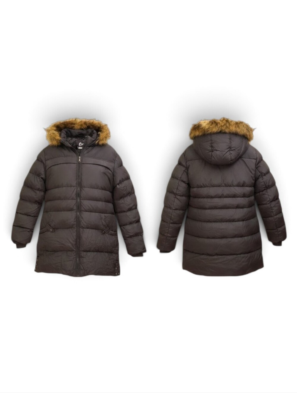 CHERFLY Womens Long Puffer Coat Black Hooded Faux Fur Trim Full Zip Pockets